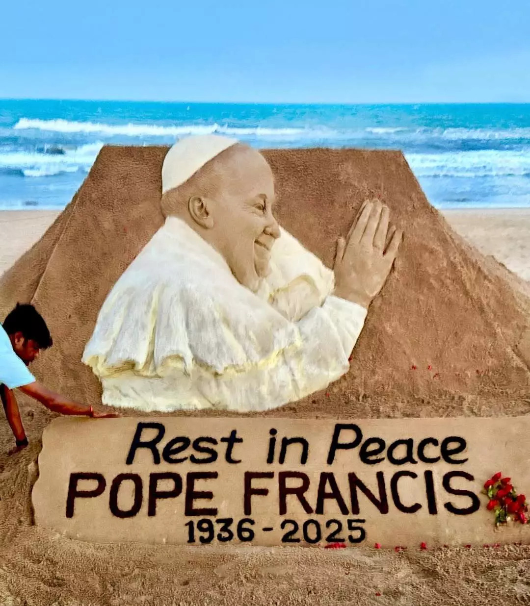 Tribute to His Holiness #PopeFrancis. May his soul rest in peace. My sand art at Puri beach in India. My thoughts and prayers are with his millions of fans and followers.
